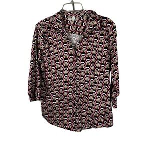 Dana Buchman XL Blouse Pink Orange Black Geometric Circle Print 3/4 Sleeve Top